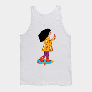 Lovely Autumn Girl With Rain Coat, Boots And Fall Leaves (Medium Skin Tone) Tank Top